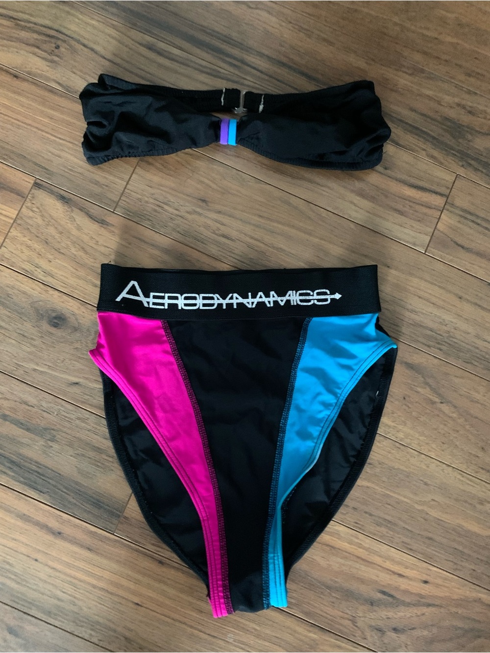 Iconic 80s/90’s high waisted Black Bikini Set with Pink & Blue Panels